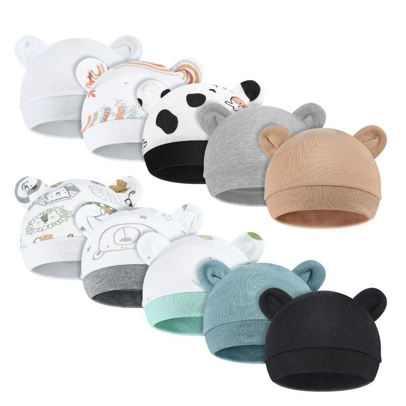 Velmitten 10 Pcs Preemie Hats Cotton Preemie Caps Bows Turban Premature Baby Boys Girls Hospital NICU Hat(Animal Style) - Image 1