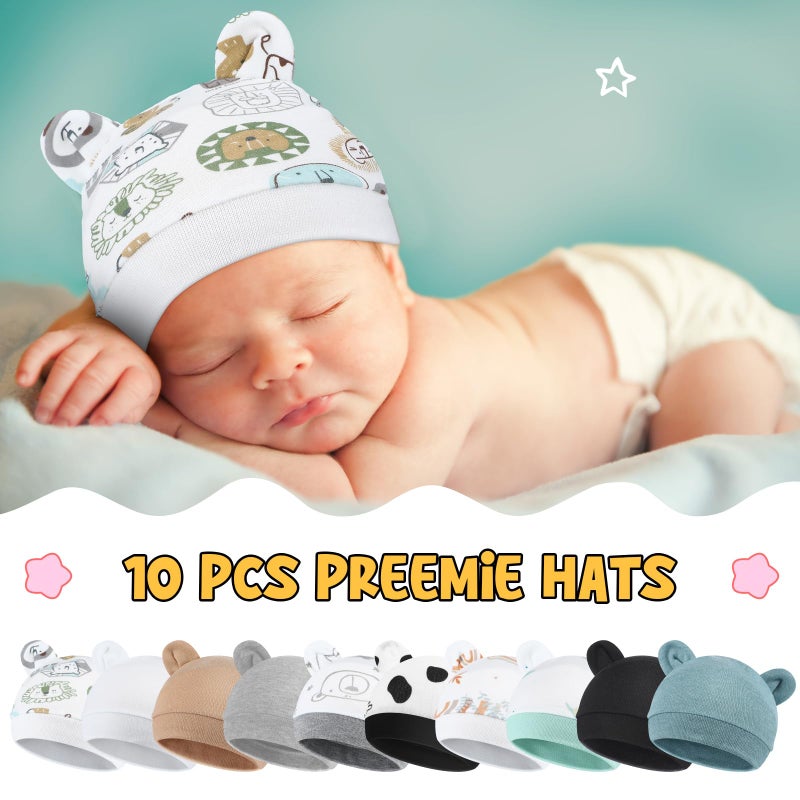 Velmitten 10 Pcs Preemie Hats Cotton Preemie Caps Bows Turban Premature Baby Boys Girls Hospital NICU Hat(Animal Style) - Image 3
