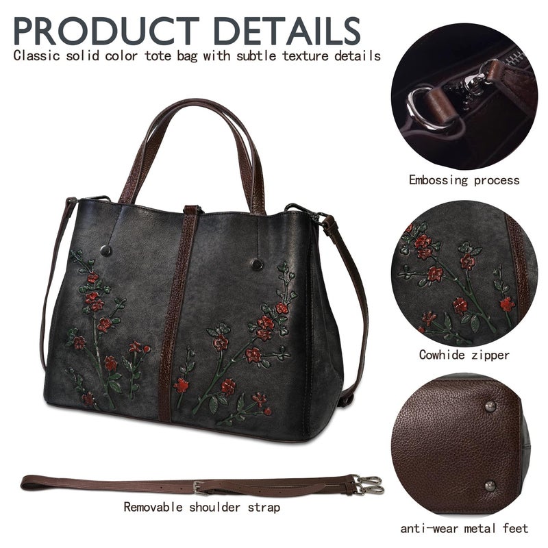 SHARPAD Genuine Leather Satchel for Women Top Handle Bags Handmade Purse Vintage Embossed Leather Crossbody Handbags Hobo Bag (Black-2) - Image 5