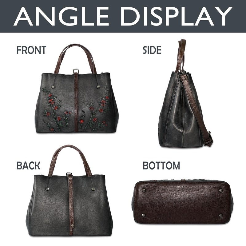 SHARPAD Genuine Leather Satchel for Women Top Handle Bags Handmade Purse Vintage Embossed Leather Crossbody Handbags Hobo Bag (Black-2) - Image 4