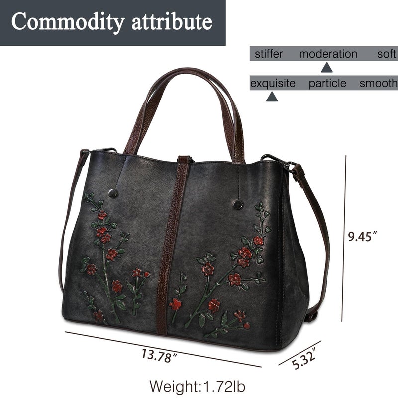 SHARPAD Genuine Leather Satchel for Women Top Handle Bags Handmade Purse Vintage Embossed Leather Crossbody Handbags Hobo Bag (Black-2) - Image 3