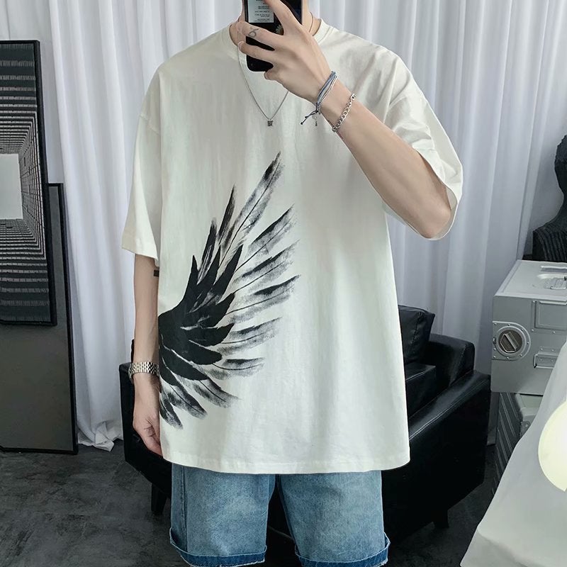 Feather Print Short-sleeved T-shirt Boys Summer Trendy Brand ins Loose Crewneck T-shirt High Street Hip-hop Half-sleeved Top - Image 4