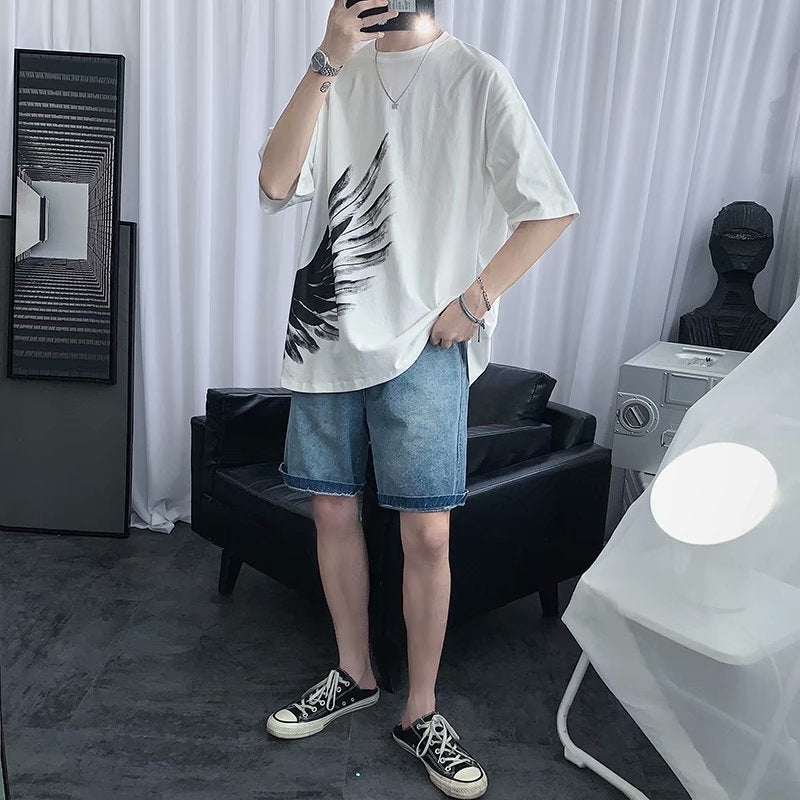 Feather Print Short-sleeved T-shirt Boys Summer Trendy Brand ins Loose Crewneck T-shirt High Street Hip-hop Half-sleeved Top - Image 5