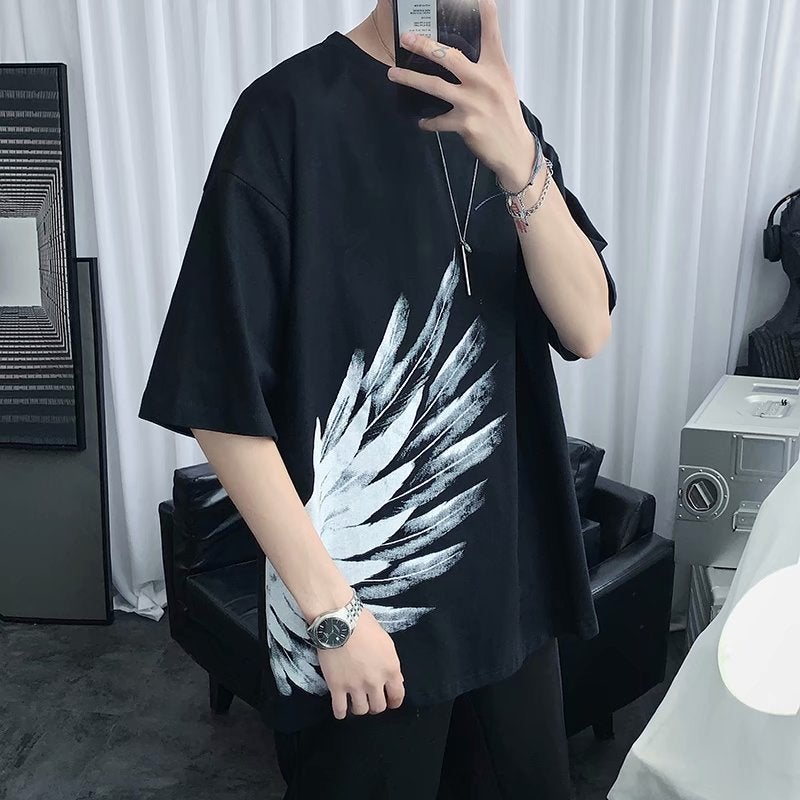 Feather Print Short-sleeved T-shirt Boys Summer Trendy Brand ins Loose Crewneck T-shirt High Street Hip-hop Half-sleeved Top - Image 3
