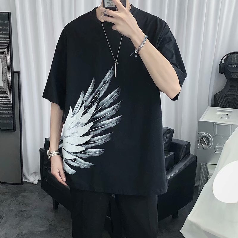 Feather Print Short-sleeved T-shirt Boys Summer Trendy Brand ins Loose Crewneck T-shirt High Street Hip-hop Half-sleeved Top - Image 2