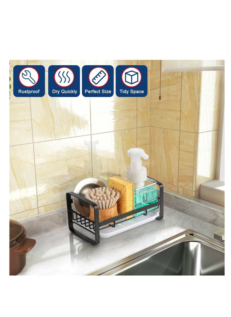 KASTWAVE - Kitchen Sink Sponge Holder, 304 Stainless Steel Sink Caddy Organizer with Removable Drip Tray, Kitchen Countertop Dish Soap Holder, not Including Dispenser and Brush, Black - Image 1