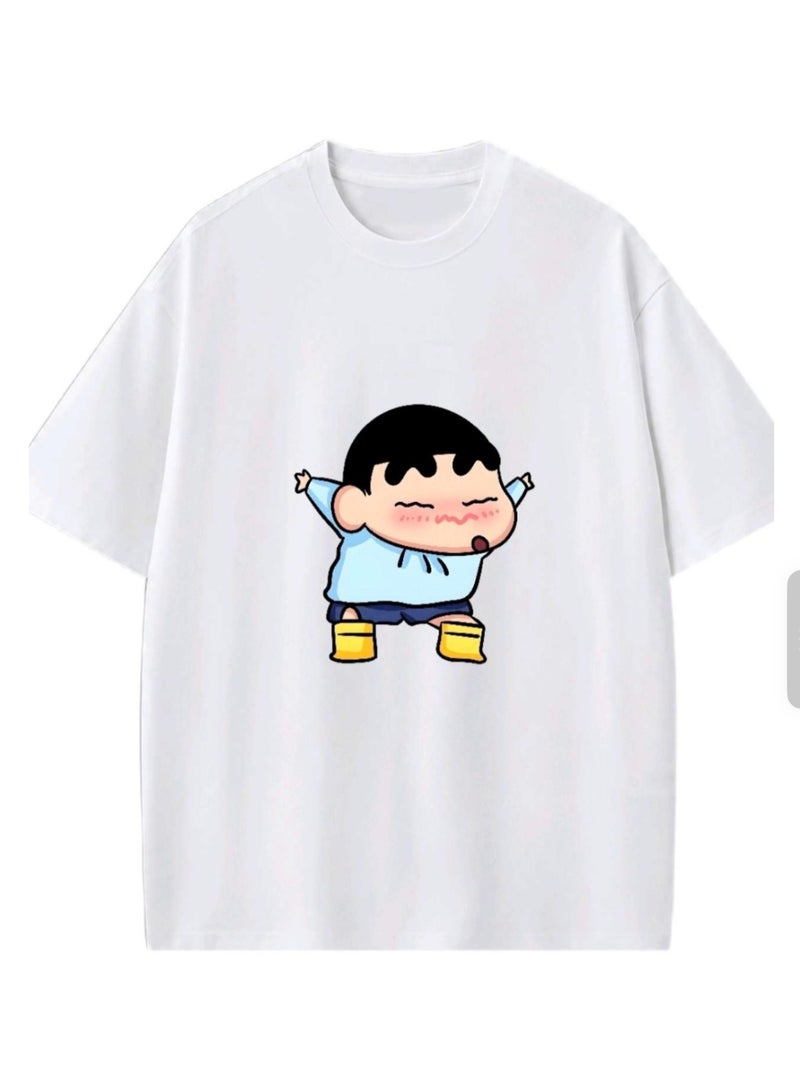 Unisex Casual Crew Neck Short Sleeve T-Shirt with Cute Dancing Cartoon Boy Print - White - Image 1