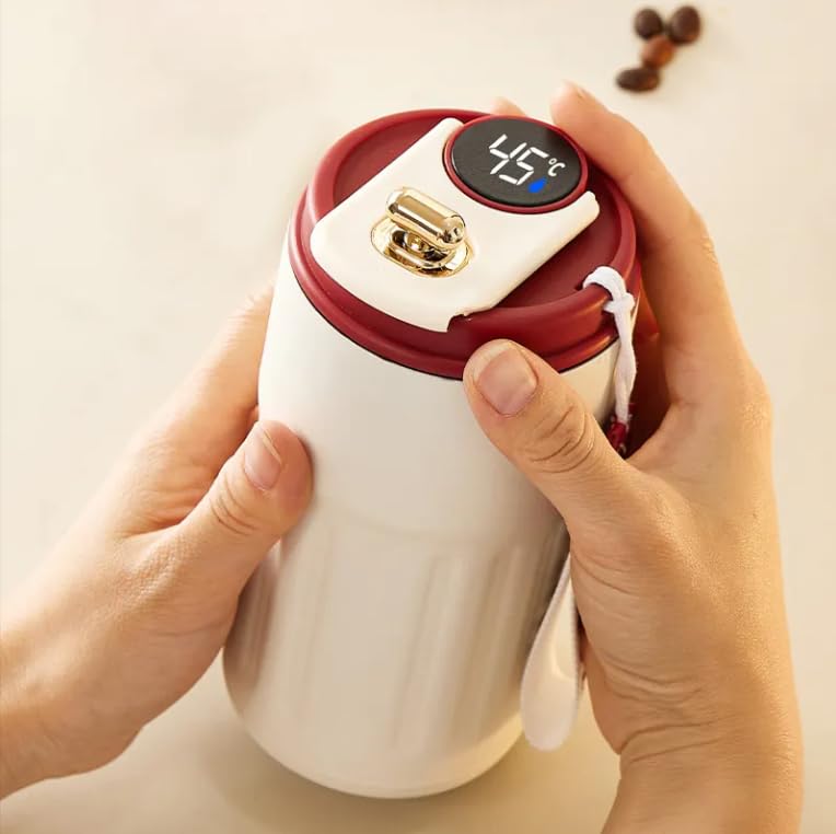 JUGTE Coffee Mug Cup Digital Display, Thermos Flasks, 460 ml, 316 Stainless Steel Travel Mug, Insulated Vacuum Thermal Mug, Leak-Proof Travel Mug with Lid for Coffee (White RED) - Image 2