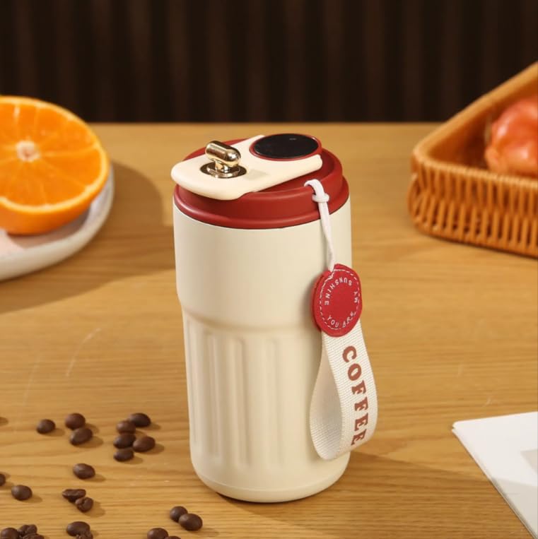 JUGTE Coffee Mug Cup Digital Display, Thermos Flasks, 460 ml, 316 Stainless Steel Travel Mug, Insulated Vacuum Thermal Mug, Leak-Proof Travel Mug with Lid for Coffee (White RED) - Image 1