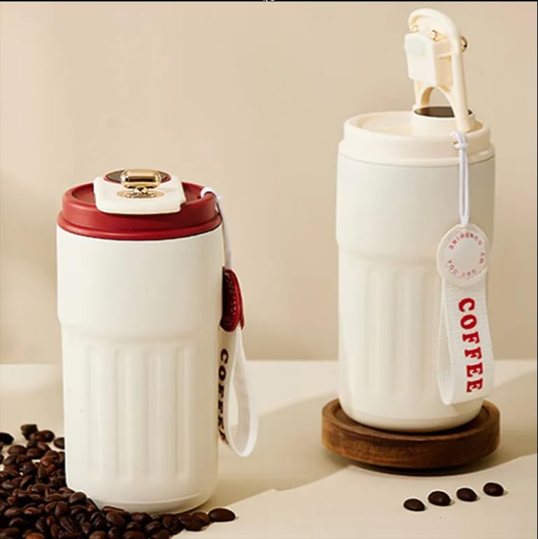 JUGTE Coffee Mug Cup Digital Display, Thermos Flasks, 460 ml, 316 Stainless Steel Travel Mug, Insulated Vacuum Thermal Mug, Leak-Proof Travel Mug with Lid for Coffee (White RED) - Image 4