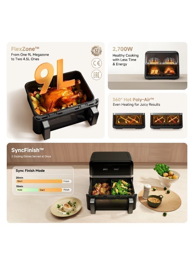 Mova AeroChef FD20 Pro Air Fryer, 9L Dual Cooking Zone, SyncFinish, Fast Cooking at 2700W, Temperatures 40-230°C, Hot Air Circulation, Metal Interior, 7 Presets - Image 2