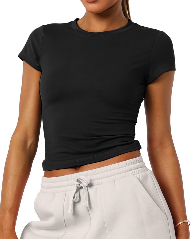 Mousnipy Women's Basic Summer Short Sleeve Crewneck T-Shirts Y2K Cute Going Out Tops Baby Tee(Black,Small) - Image 2