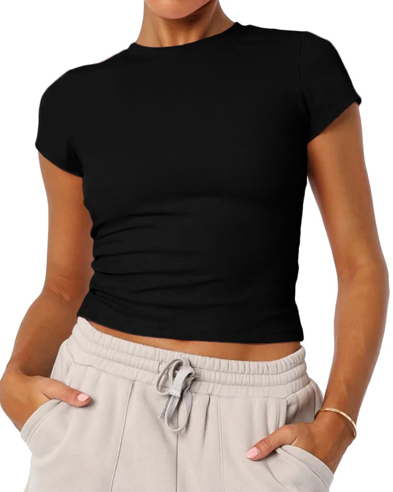 Mousnipy Women's Basic Summer Short Sleeve Crewneck T-Shirts Y2K Cute Going Out Tops Baby Tee(Black,Small) - Image 1