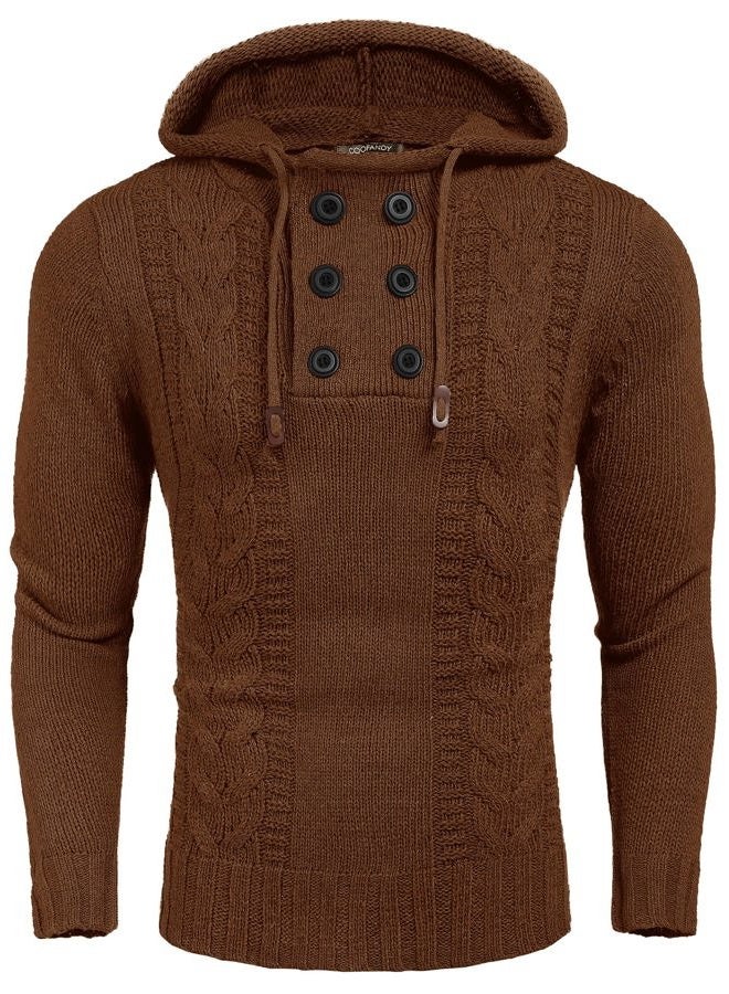 COOFANDY Men's Knitted Hoodies Pullover Casual Long Sleeve Turtleneck Sweaters, Caramel, S - Image 1