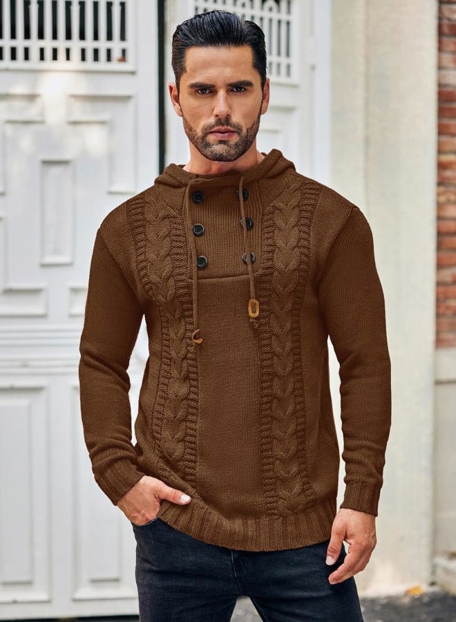 COOFANDY Men's Knitted Hoodies Pullover Casual Long Sleeve Turtleneck Sweaters, Caramel, S - Image 2