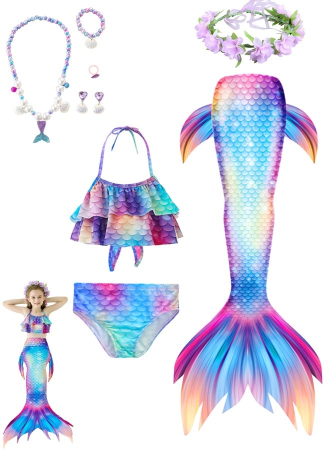 VUCATIN Mermaid Princess Dress up Girls Mermaid Dress Mermaid Swimsuit Girls Party Cosplay Princess Birthday Dress Kids Costume Cosplay Mermaid Skirt Accessorized Wreath Necklace Earrings and Bracelet (GB63) - Image 1