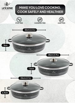 Life Smile Non Stick Cookware Set - Shallow Pots Set with Lid | 24 CM, 28 CM, 32 CM | Non Stick Pans PFOA FREE Granite Coating Frying Pans set | Kitchen Cooking Pots Oven Safe | Double Handles Black  - Image 3