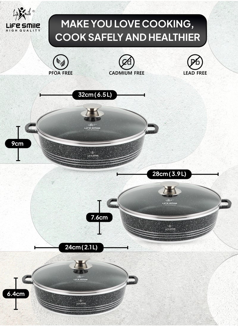 Life Smile Non Stick Cookware Set - Shallow Pots Set with Lid | 24 CM, 28 CM, 32 CM | Non Stick Pans PFOA FREE Granite Coating Frying Pans set | Kitchen Cooking Pots Oven Safe | Double Handles Black  - Image 3