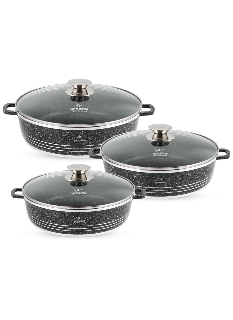 Life Smile Non Stick Cookware Set - Shallow Pots Set with Lid | 24 CM, 28 CM, 32 CM | Non Stick Pans PFOA FREE Granite Coating Frying Pans set | Kitchen Cooking Pots Oven Safe | Double Handles Black  - Image 1