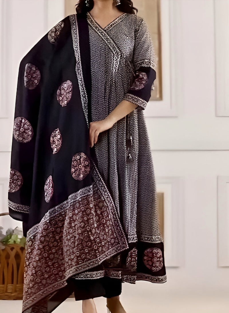 IndHeritage Premium dark angrakha cotton 3 piece kurti set - IDH00219  - Image 1