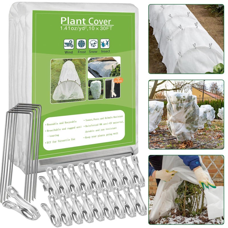 kockuu Plant Covers Freeze Protection, 10ft x 30ft 1.41oz/ydÂ² White Frost Cloth Plant Blankets with 20 Stainless Steel Clips Floating Row Covers for Outdoor Gardens Vegetables Winter Frost Pests Protection - Image 1