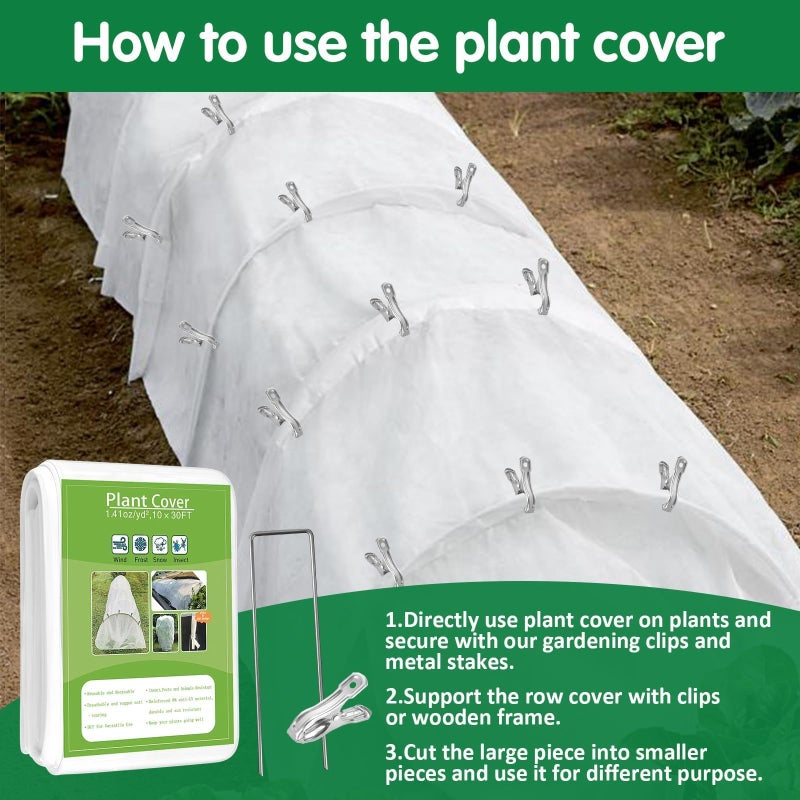 kockuu Plant Covers Freeze Protection, 10ft x 30ft 1.41oz/ydÂ² White Frost Cloth Plant Blankets with 20 Stainless Steel Clips Floating Row Covers for Outdoor Gardens Vegetables Winter Frost Pests Protection - Image 4