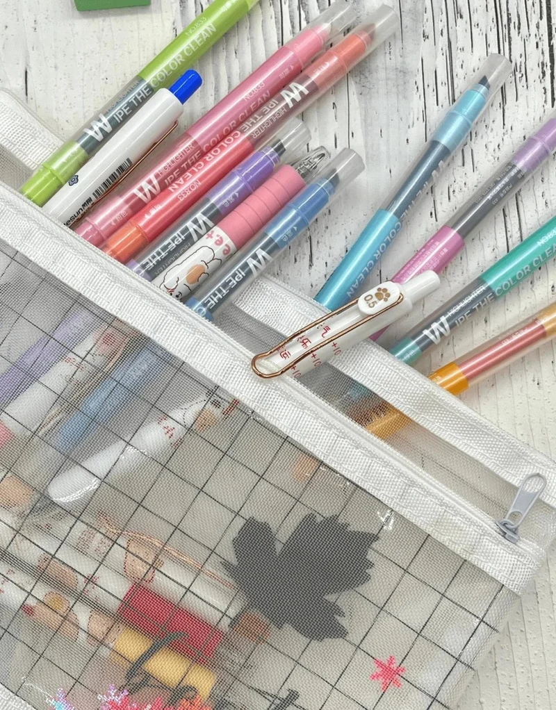 كاغيت جيمي دوكان Paper Ship Shop Checkered White Double Compartment Snowflake Sequin Transparent Bag / Pencil Case / Collector