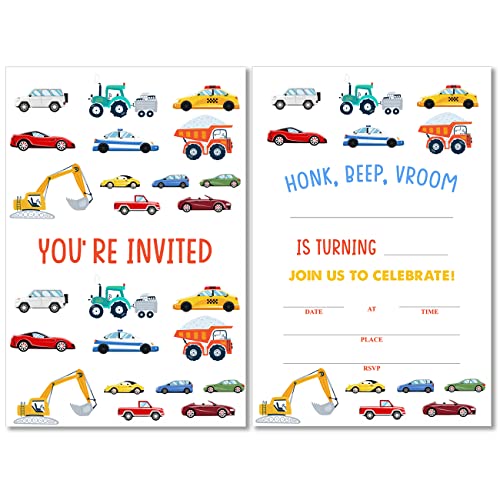 Soiceu Cute Transportation Birthday Invitations with Envelopes Set of 20 Cars Truck Vehicle Birthday Party Invites for Boys Girls - Image 1