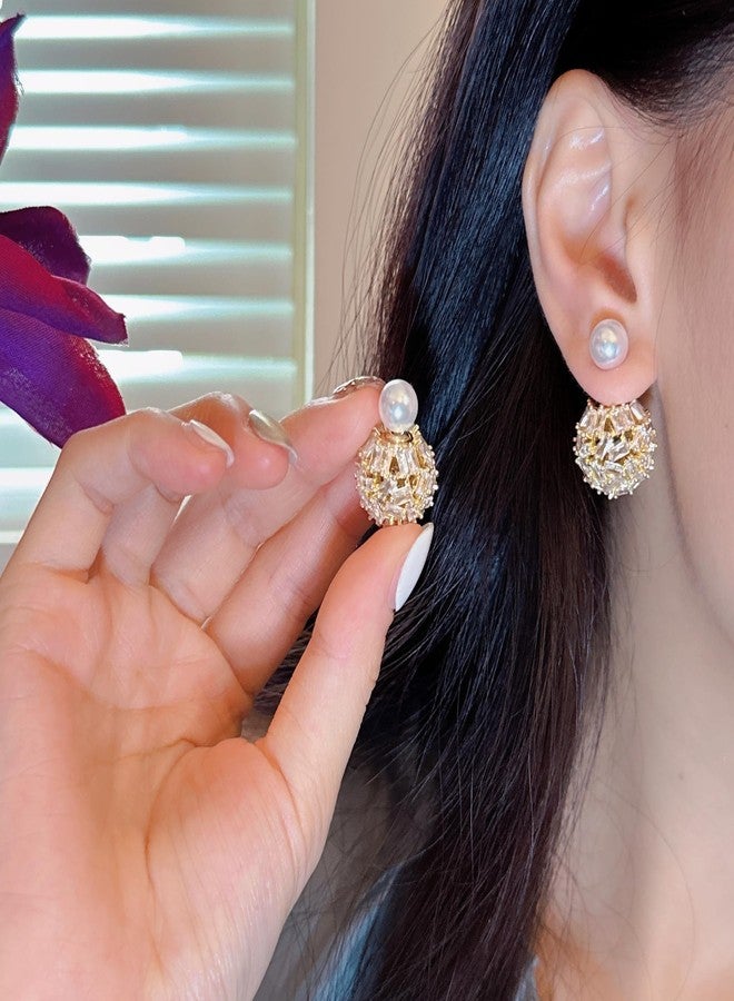 Izpack Cute Ear Jacket Crystal Ball Double Sides Stud Earrings for Women Faux Pearl Front Back Cartilage Studs Earring Dainty 2 in 1 Jewelry Gifts Birthday (Gold) - Image 2
