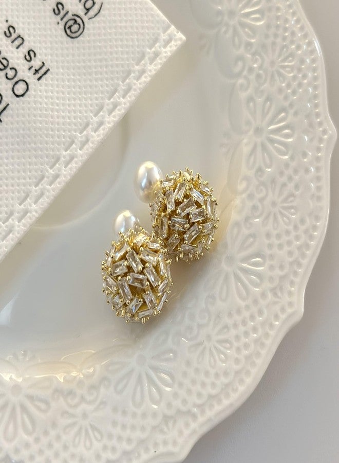 Izpack Cute Ear Jacket Crystal Ball Double Sides Stud Earrings for Women Faux Pearl Front Back Cartilage Studs Earring Dainty 2 in 1 Jewelry Gifts Birthday (Gold) - Image 4