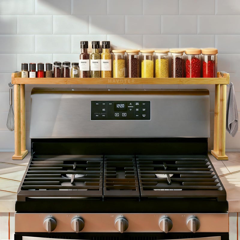 MAVOTER Over the Stove Shelf, Bamboo Stove Top Spice Rack for Kitchen,Wooden Stove Shelf for Back of Stove, Non-slip Countertop Seasoning Organizer with 6 hooks,Easy to Assemble 33.5*4.5*13.4â€ Black - Image 1