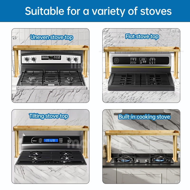 MAVOTER Over the Stove Shelf, Bamboo Stove Top Spice Rack for Kitchen,Wooden Stove Shelf for Back of Stove, Non-slip Countertop Seasoning Organizer with 6 hooks,Easy to Assemble 33.5*4.5*13.4â€ Black - Image 5