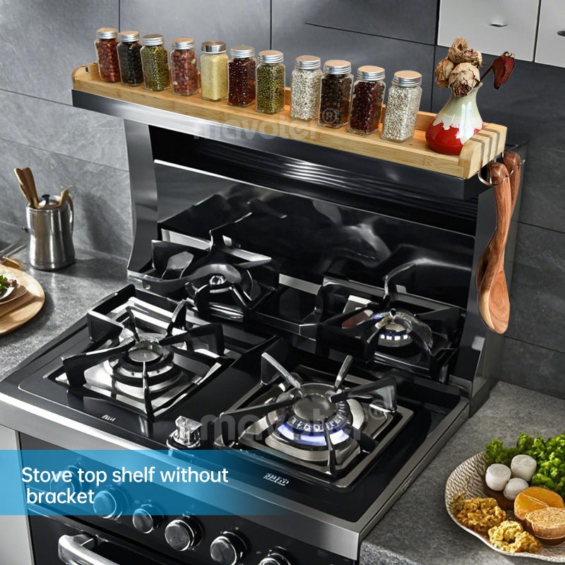 MAVOTER Over the Stove Shelf, Bamboo Stove Top Spice Rack for Kitchen,Wooden Stove Shelf for Back of Stove, Non-slip Countertop Seasoning Organizer with 6 hooks,Easy to Assemble 33.5*4.5*13.4â€ Black - Image 2