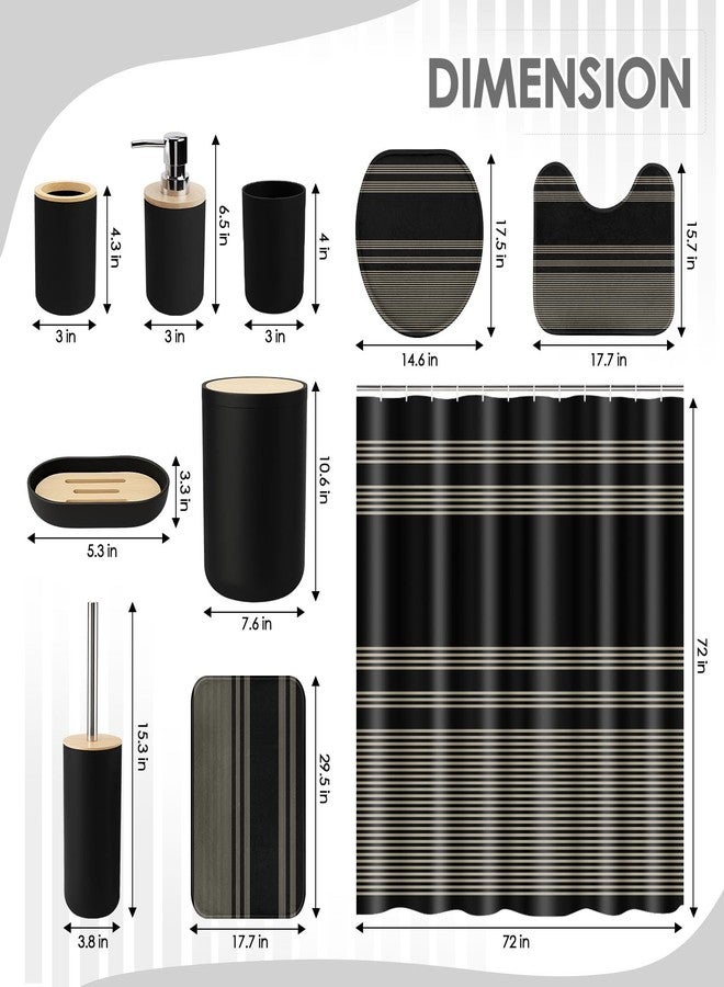 Tayney Black Bathroom Decor and Accessories Set, Striped Shower Curtain and Rug Set with Trash Can, Soap Dispenser, Soap Dish, Toothbrush Holder, Toothbrush Cup, Toilet Brush - Image 3