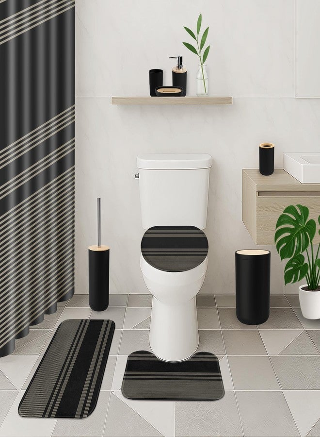 Tayney Black Bathroom Decor and Accessories Set, Striped Shower Curtain and Rug Set with Trash Can, Soap Dispenser, Soap Dish, Toothbrush Holder, Toothbrush Cup, Toilet Brush - Image 2