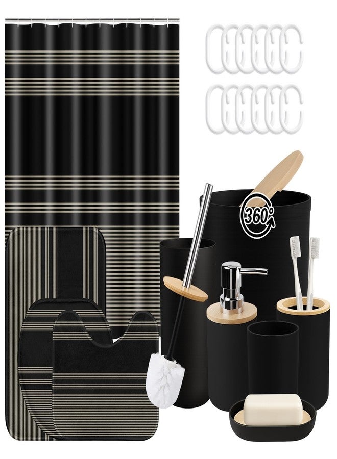 Tayney Black Bathroom Decor and Accessories Set, Striped Shower Curtain and Rug Set with Trash Can, Soap Dispenser, Soap Dish, Toothbrush Holder, Toothbrush Cup, Toilet Brush - Image 1