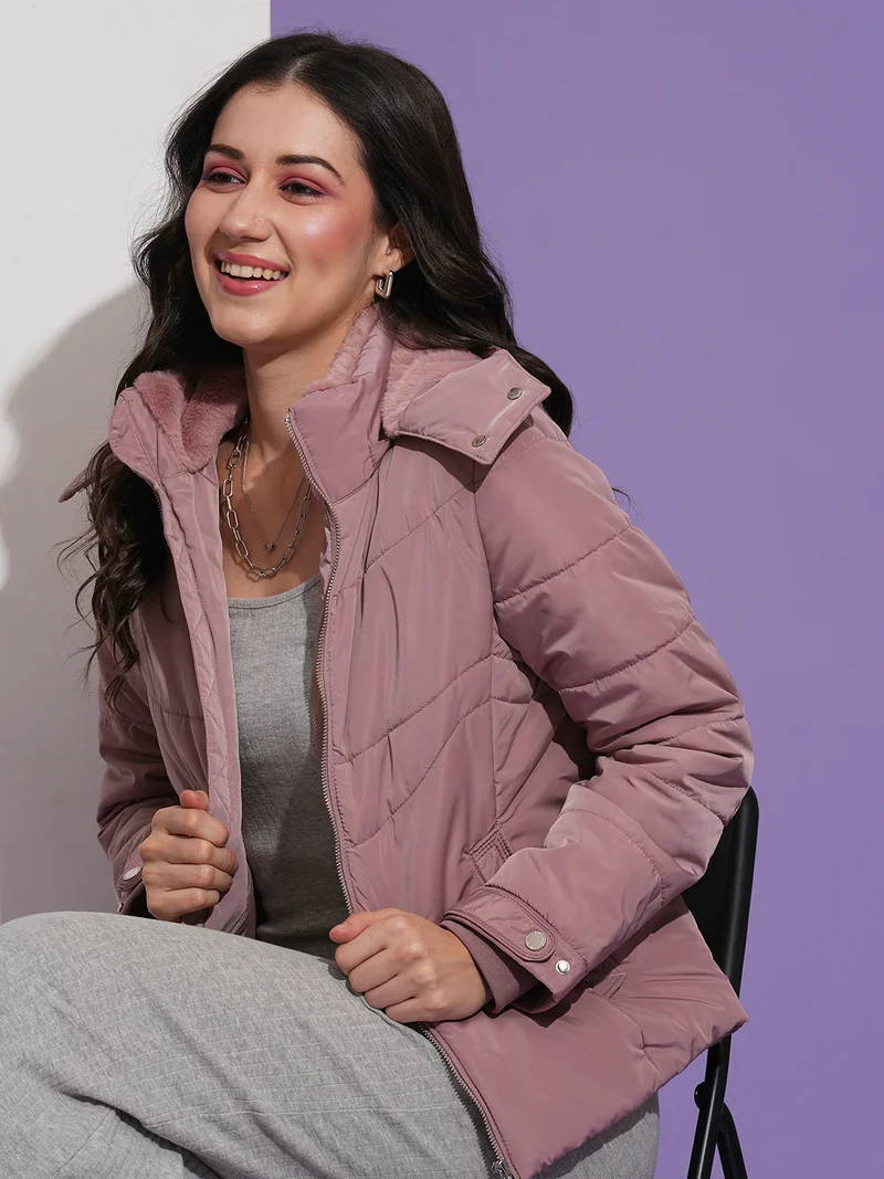 جلو باص Women Mock Neck Front Pockets Winter Wear Insulator Puffer Jacket With Detachable Hood