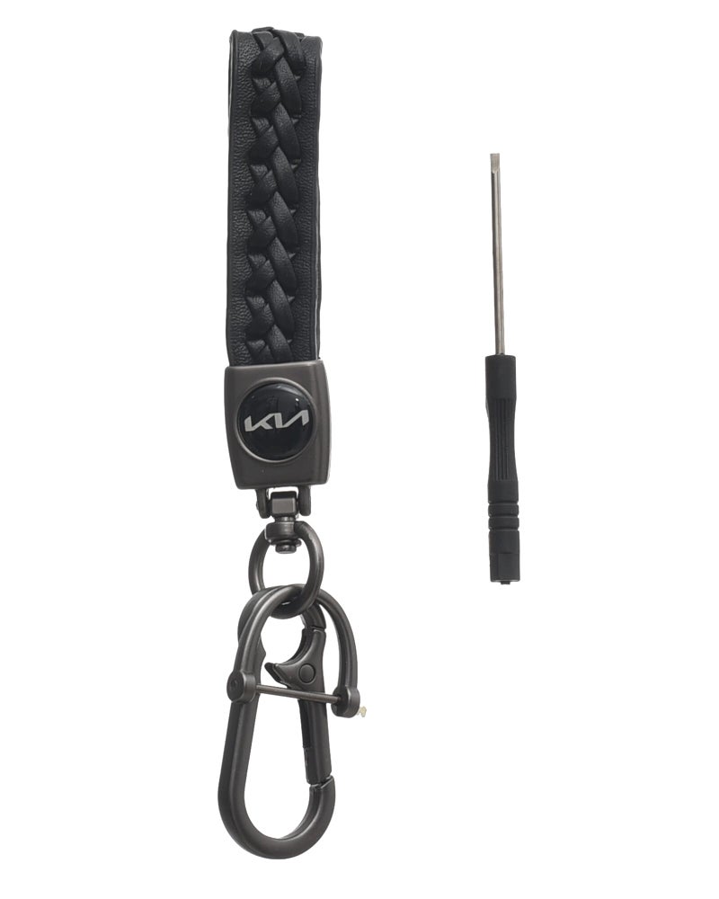 KIA Leather Logo Keychain for New Kia Car and Metal Chain Keyring - Black - Image 2