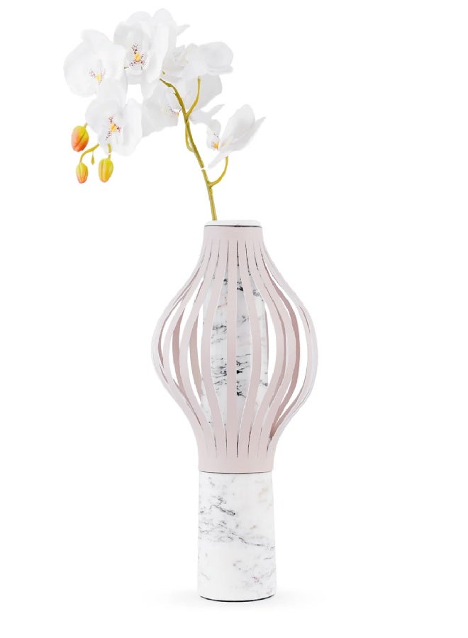 Leather Marble Vase Holder – Beige Leather with Natural Marble Base – 17 × 17 × 41.5 cm