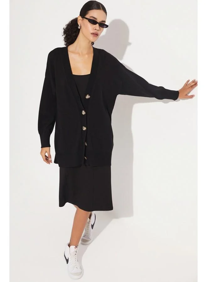 JUNE June Bone Buttoned Cardigan Black