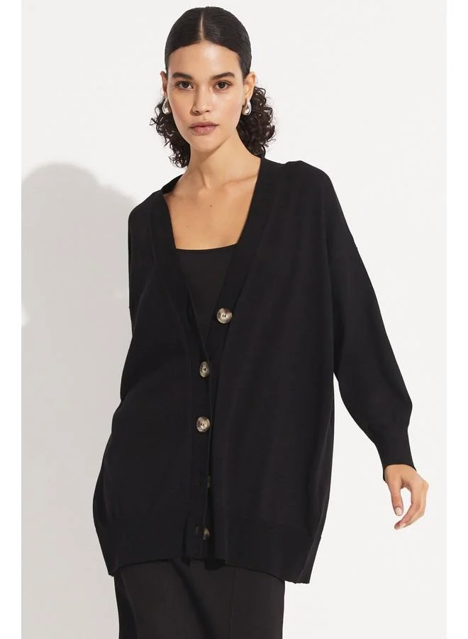 JUNE June Bone Buttoned Cardigan Black