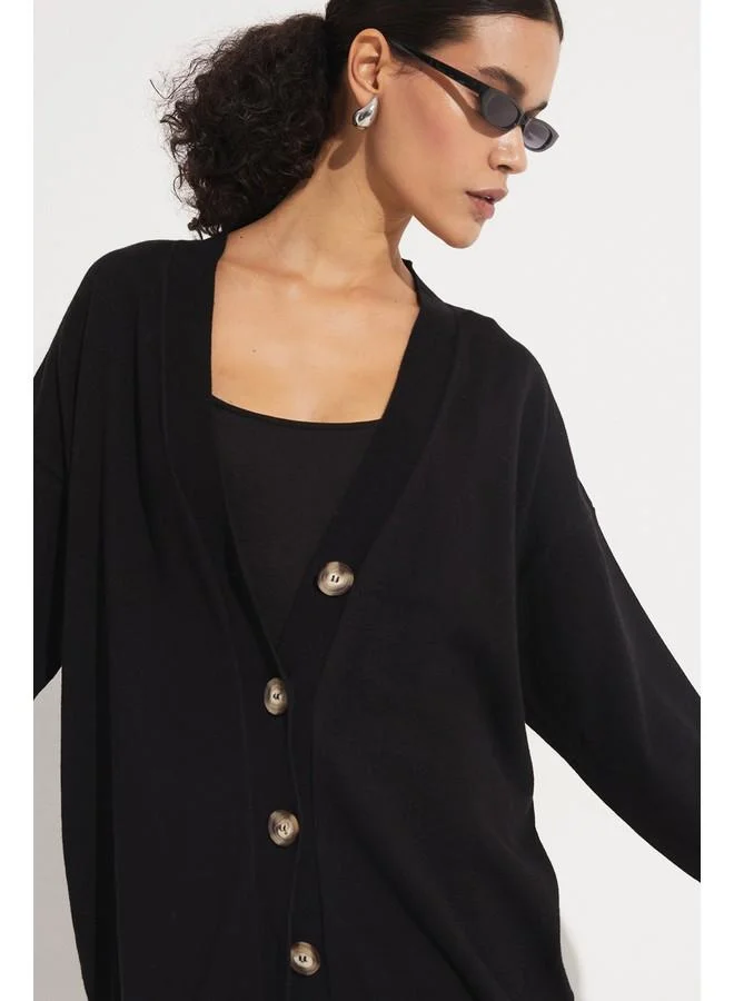 JUNE June Bone Buttoned Cardigan Black
