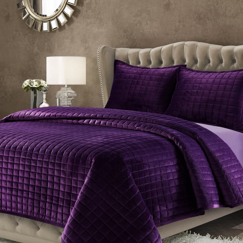 Tribeca Living Tribeca Living Luxury Velvet Quilt Set Queen Bedding Set 260 GSM Soft Velvet Oversized Comforter Set Florence Box Stitch Premium Bedspread Coverlet for All Season with 2 Pillow Shams Purple 