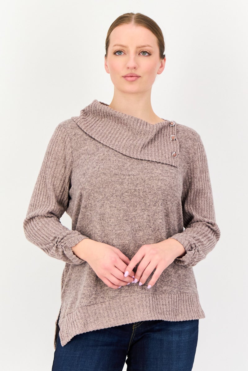 ADRIENNE VITTADINI Women Split Neck 3/4 Sleeve Ribbed Top, Mauve - Image 1