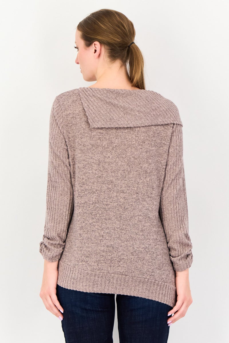 ADRIENNE VITTADINI Women Split Neck 3/4 Sleeve Ribbed Top, Mauve - Image 3