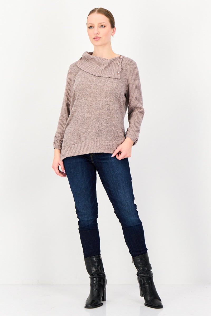 ADRIENNE VITTADINI Women Split Neck 3/4 Sleeve Ribbed Top, Mauve - Image 4