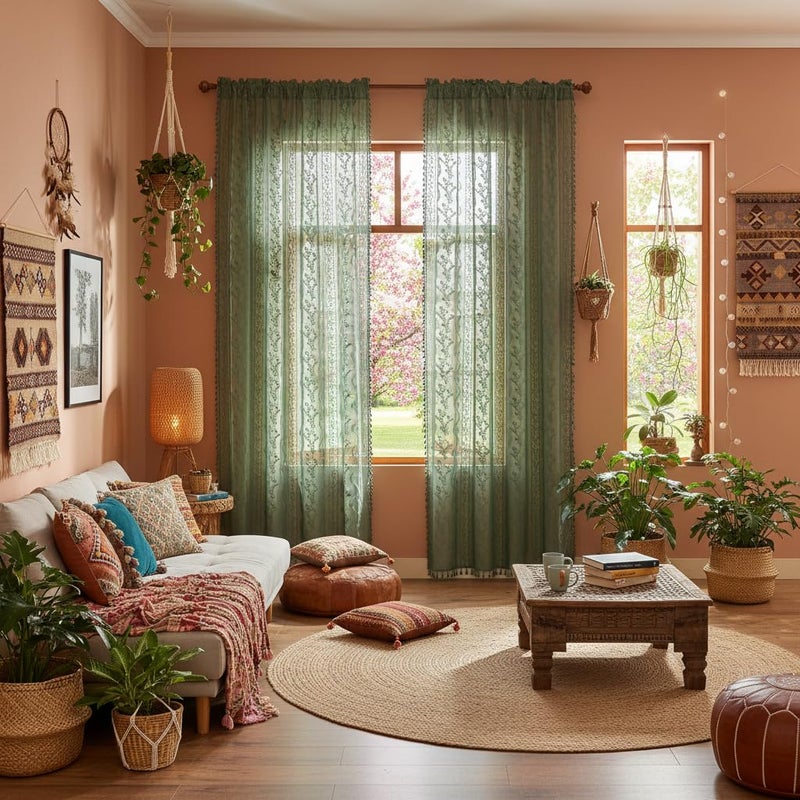 WAZZIO Dark Sage Green Lace Curtains 72 Inch 2 Panel- Victorian Sheer Drapes with Floral Pattern Cute Tassel, Rod Pocket Non See Through Semi-Sheer Privacy for Bedroom,Living Room - Image 3