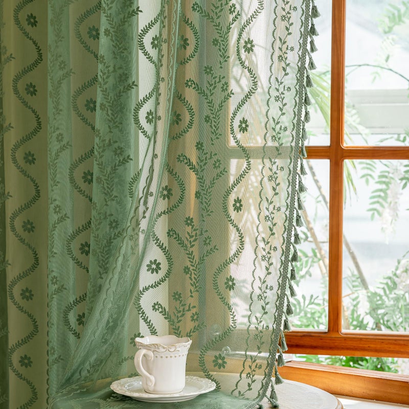 WAZZIO Dark Sage Green Lace Curtains 72 Inch 2 Panel- Victorian Sheer Drapes with Floral Pattern Cute Tassel, Rod Pocket Non See Through Semi-Sheer Privacy for Bedroom,Living Room - Image 1