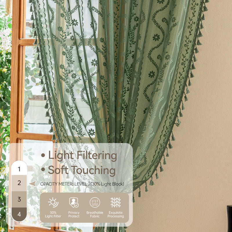 WAZZIO Dark Sage Green Lace Curtains 72 Inch 2 Panel- Victorian Sheer Drapes with Floral Pattern Cute Tassel, Rod Pocket Non See Through Semi-Sheer Privacy for Bedroom,Living Room - Image 5