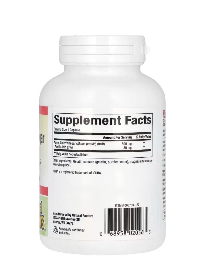 natural Factors Fermented Apple Cider Vinegar 500 Mg 180 Easy Swallow Capsules - Image 2